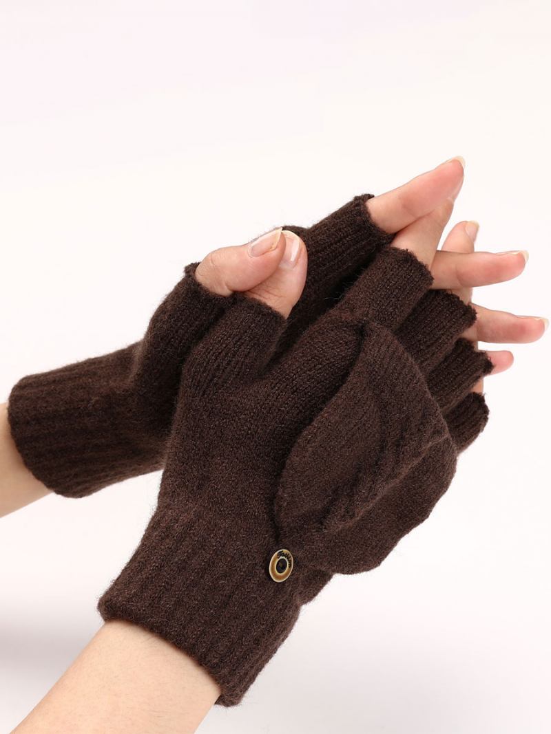 Luvas Para Mulheres Botões Quentes Malha Inverno Sem Dedos - Castanho Café