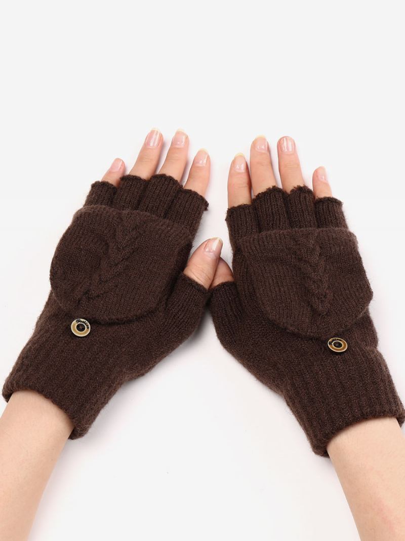 Luvas Para Mulheres Botões Quentes Malha Inverno Sem Dedos - Castanho Café