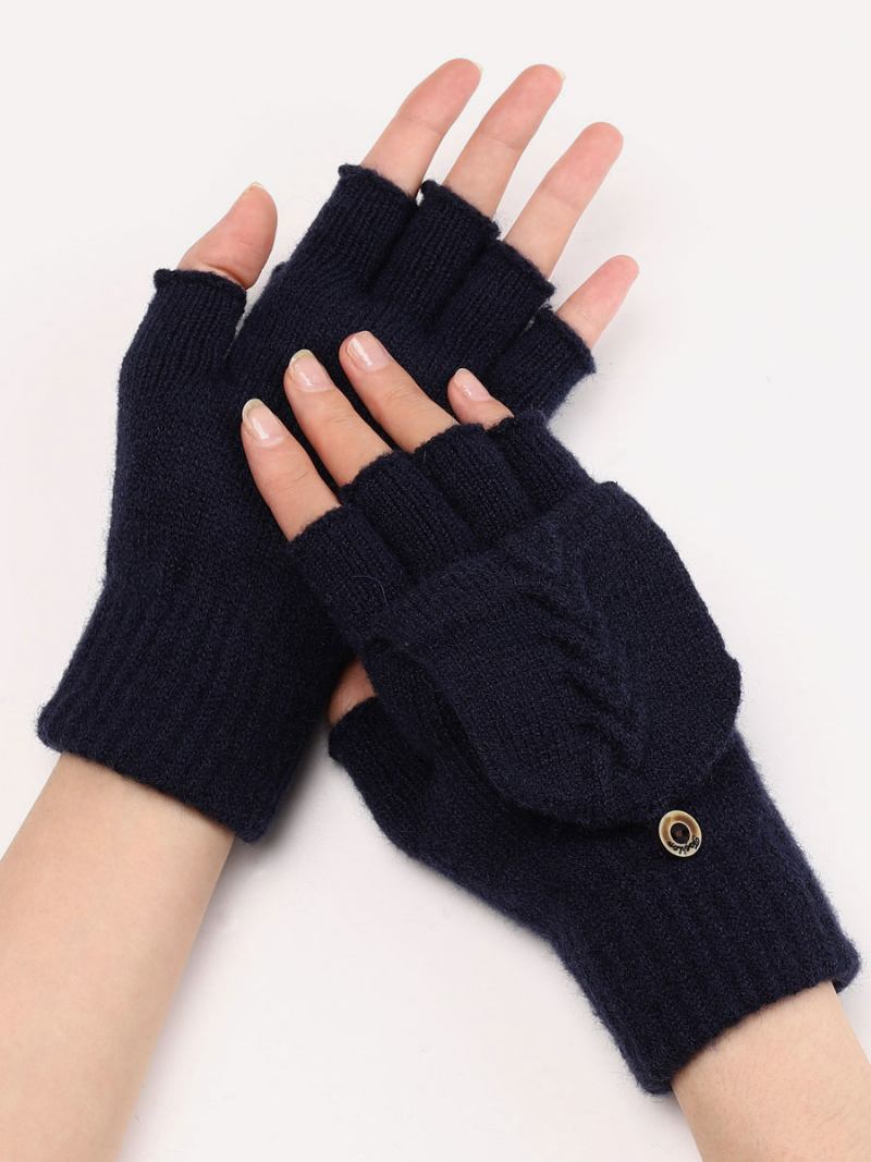Luvas Para Mulheres Botões Quentes Malha Inverno Sem Dedos - Azul Profundo