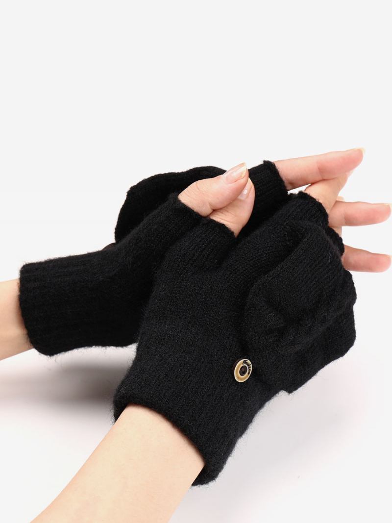 Luvas Para Mulheres Botões Quentes Malha Inverno Sem Dedos - Preto