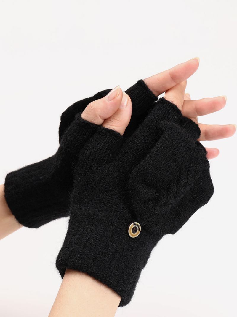 Luvas Para Mulheres Botões Quentes Malha Inverno Sem Dedos - Preto