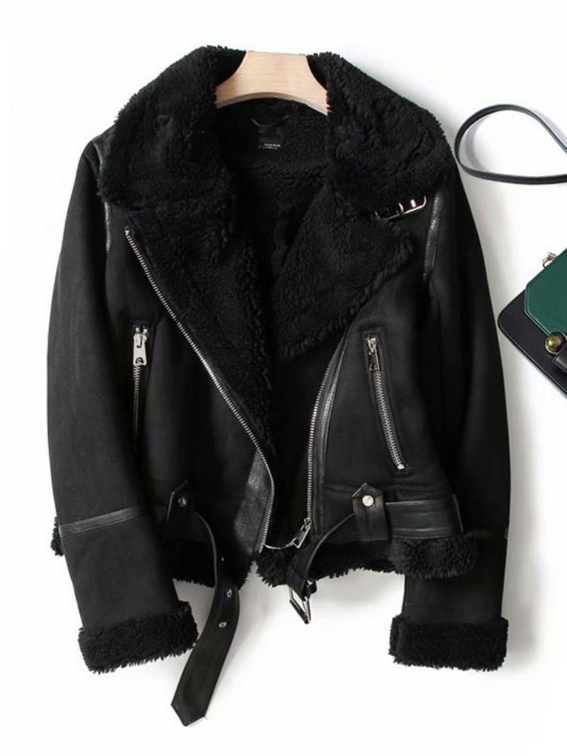 Casaco Camurça Falso Shearling Inverno Agasalhos Para Mulheres - Preto