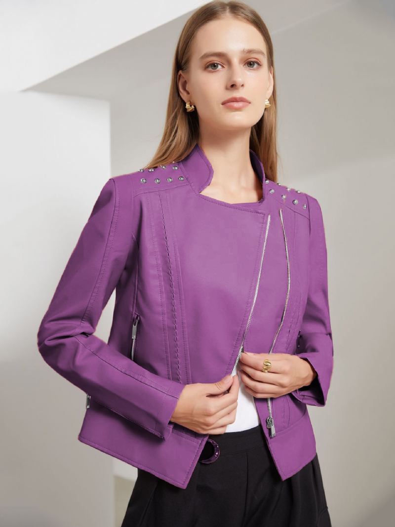 Jaqueta Couro Falso Rosa Pu Gola Rebite Zip Up Primavera Outono Street Biker Outerwear Para Mulheres - Roxo