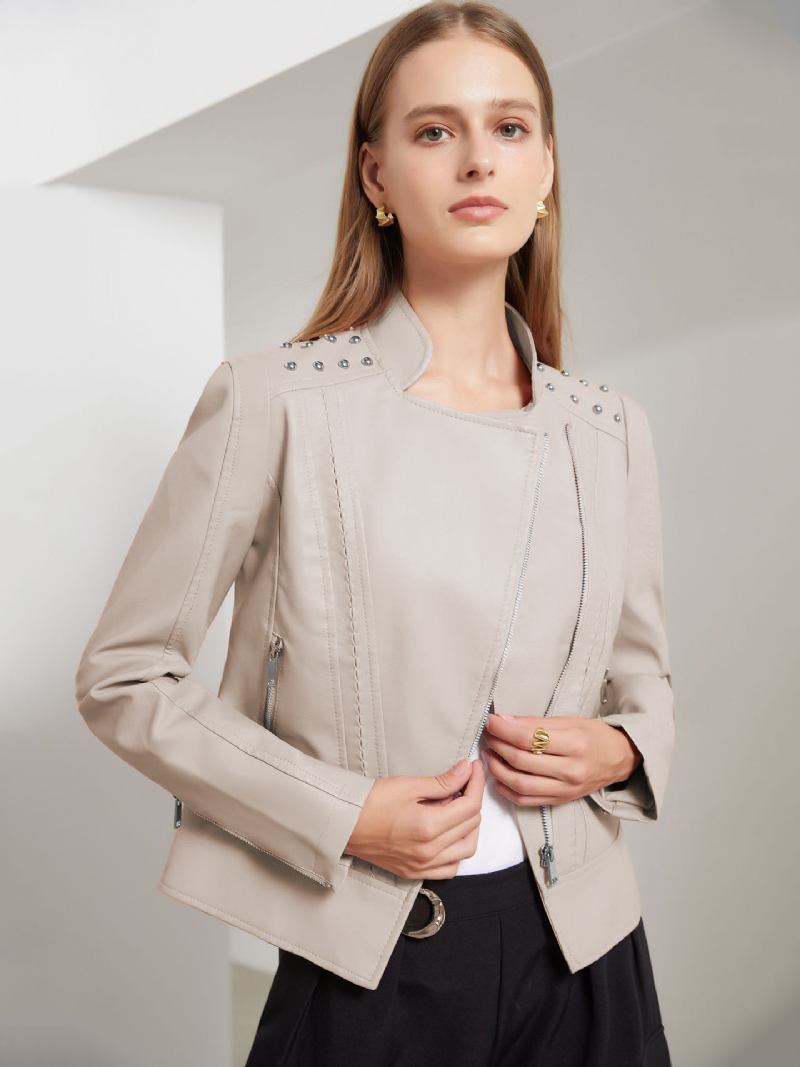 Jaqueta Couro Falso Rosa Pu Gola Rebite Zip Up Primavera Outono Street Biker Outerwear Para Mulheres - Amarelo Claro Claro