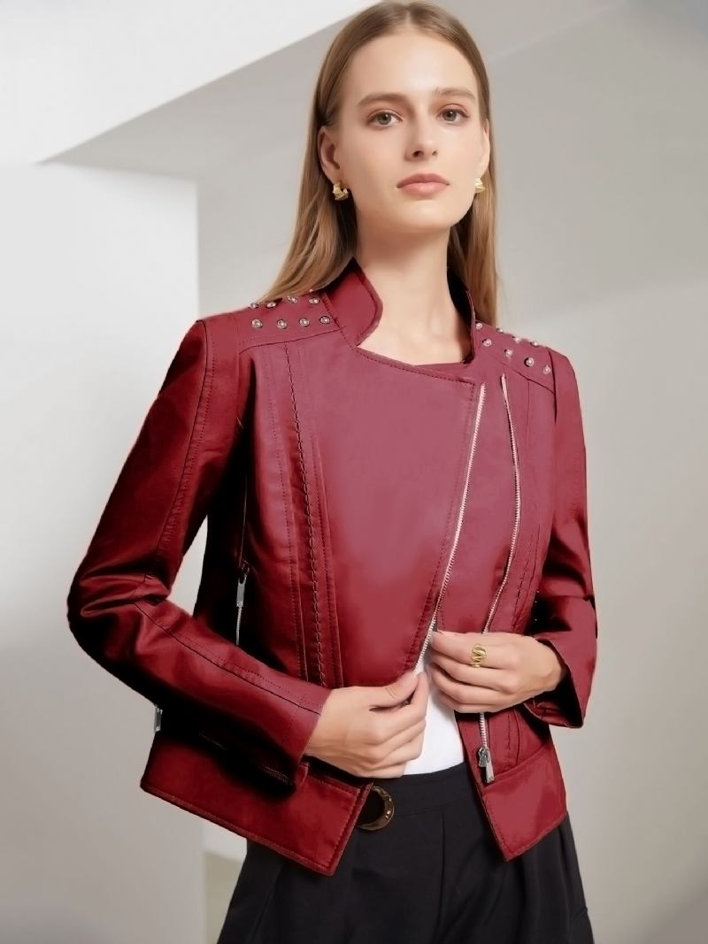 Jaqueta Couro Falso Rosa Pu Gola Rebite Zip Up Primavera Outono Street Biker Outerwear Para Mulheres - Borgonha
