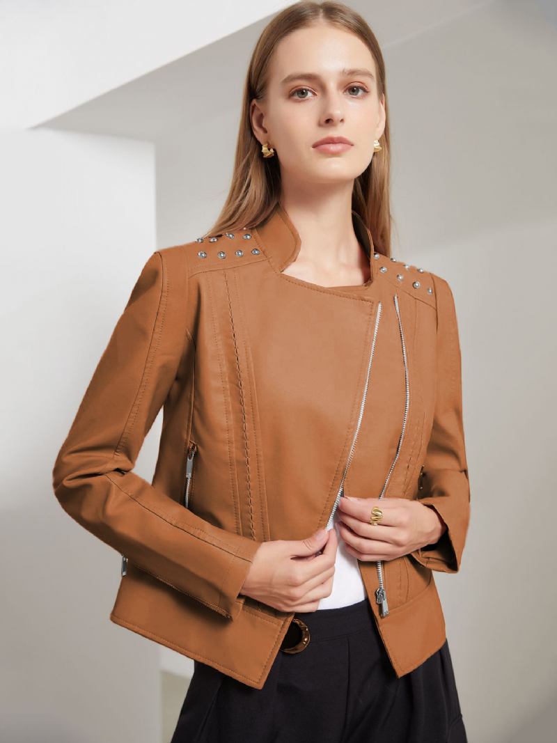 Jaqueta Couro Falso Rosa Pu Gola Rebite Zip Up Primavera Outono Street Biker Outerwear Para Mulheres - Camelo