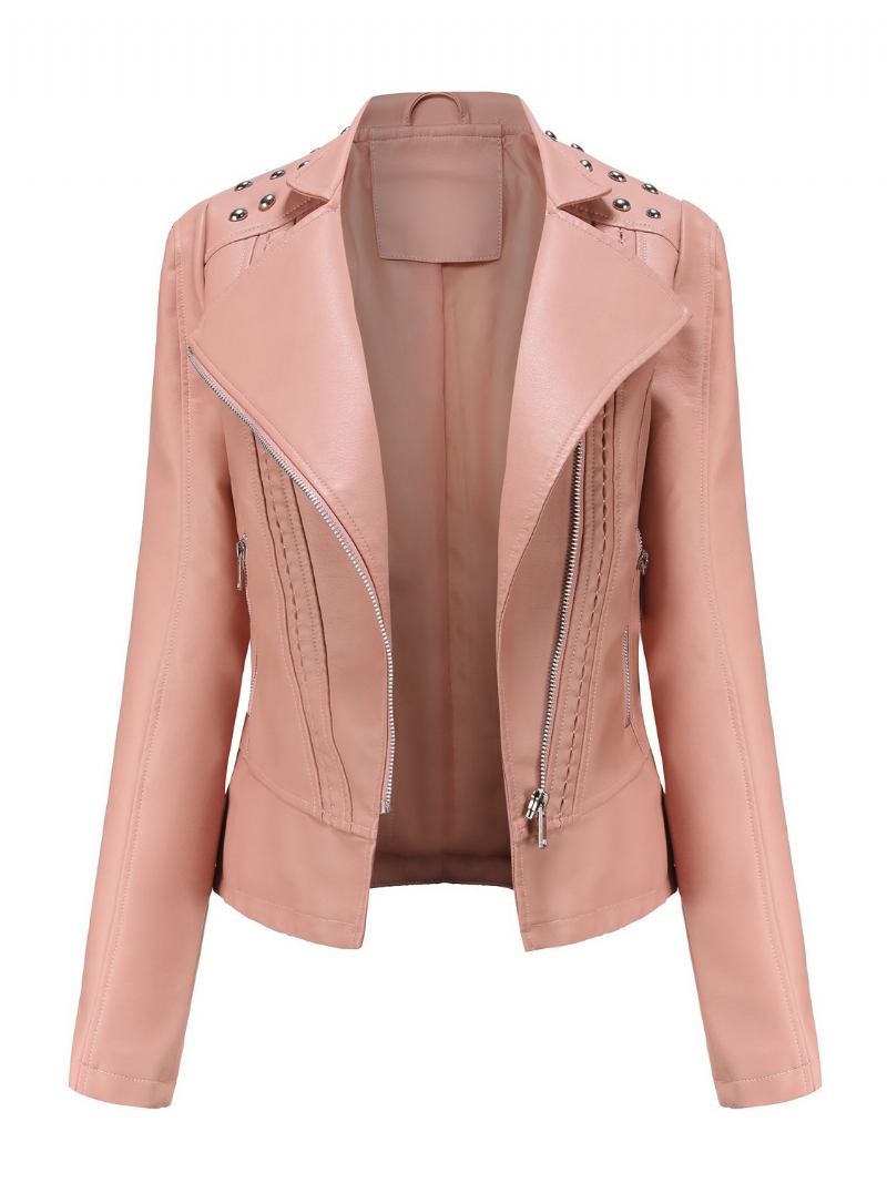Jaqueta Couro Falso Rosa Pu Gola Rebite Zip Up Primavera Outono Street Biker Outerwear Para Mulheres - Rosa