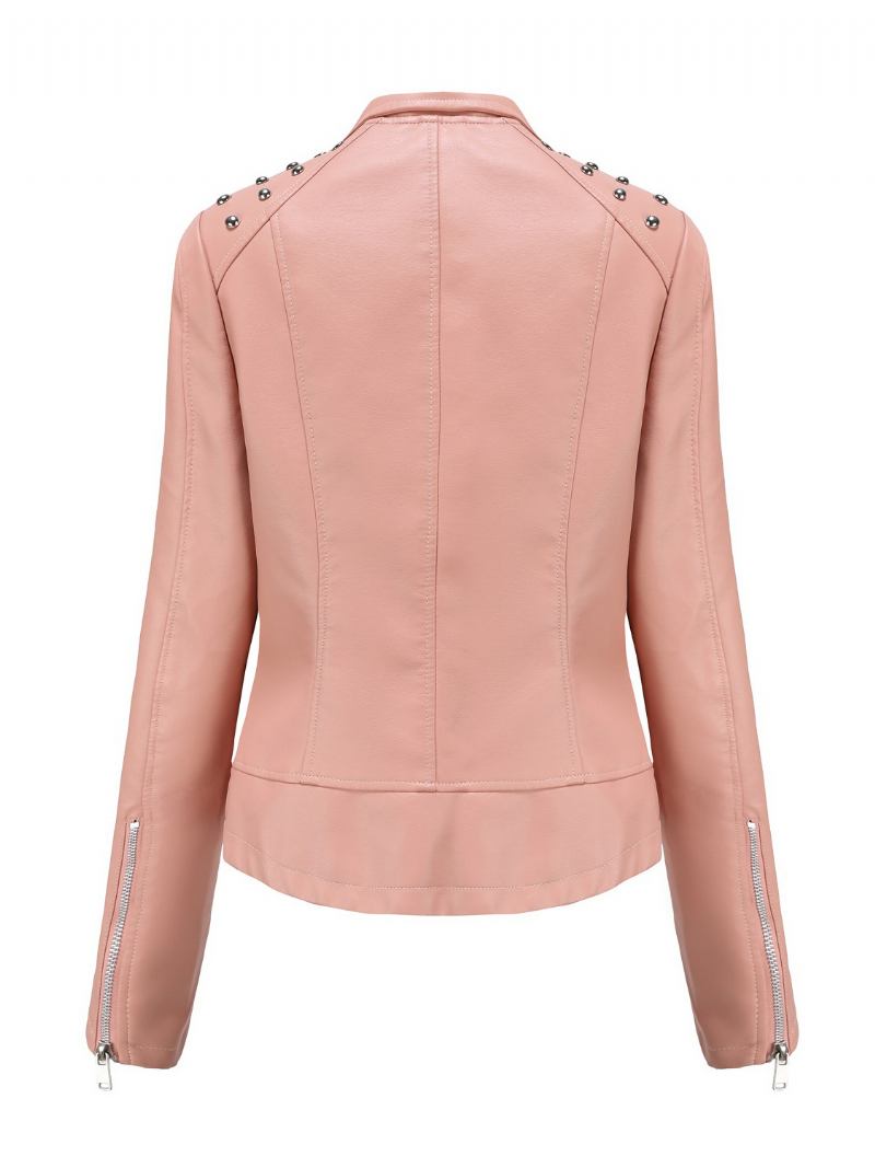Jaqueta Couro Falso Rosa Pu Gola Rebite Zip Up Primavera Outono Street Biker Outerwear Para Mulheres - Rosa