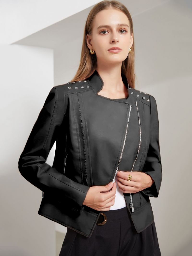 Jaqueta Couro Falso Rosa Pu Gola Rebite Zip Up Primavera Outono Street Biker Outerwear Para Mulheres - Preto
