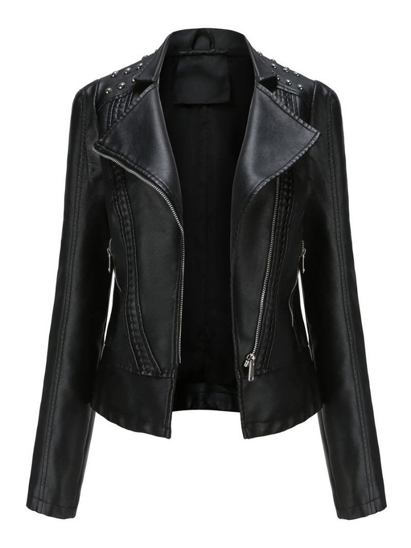 Jaqueta Couro Falso Rosa Pu Gola Rebite Zip Up Primavera Outono Street Biker Outerwear Para Mulheres - Preto