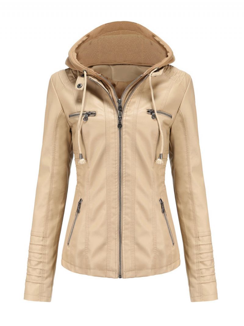 Jaqueta Couro Sintético Com Capuz Destacável Pu Zíper Cor Sólida Primavera Outono Street Biker Casacos Para Mulheres - Amarelo Claro Claro