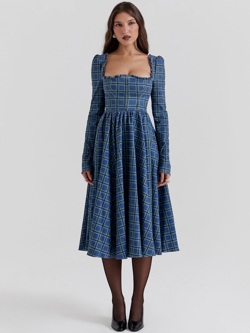Vestido Feminino Azul Escuro Evasê Decote Quadrado Costas Nuas Mangas Compridas Vestidos Midi Diurnos