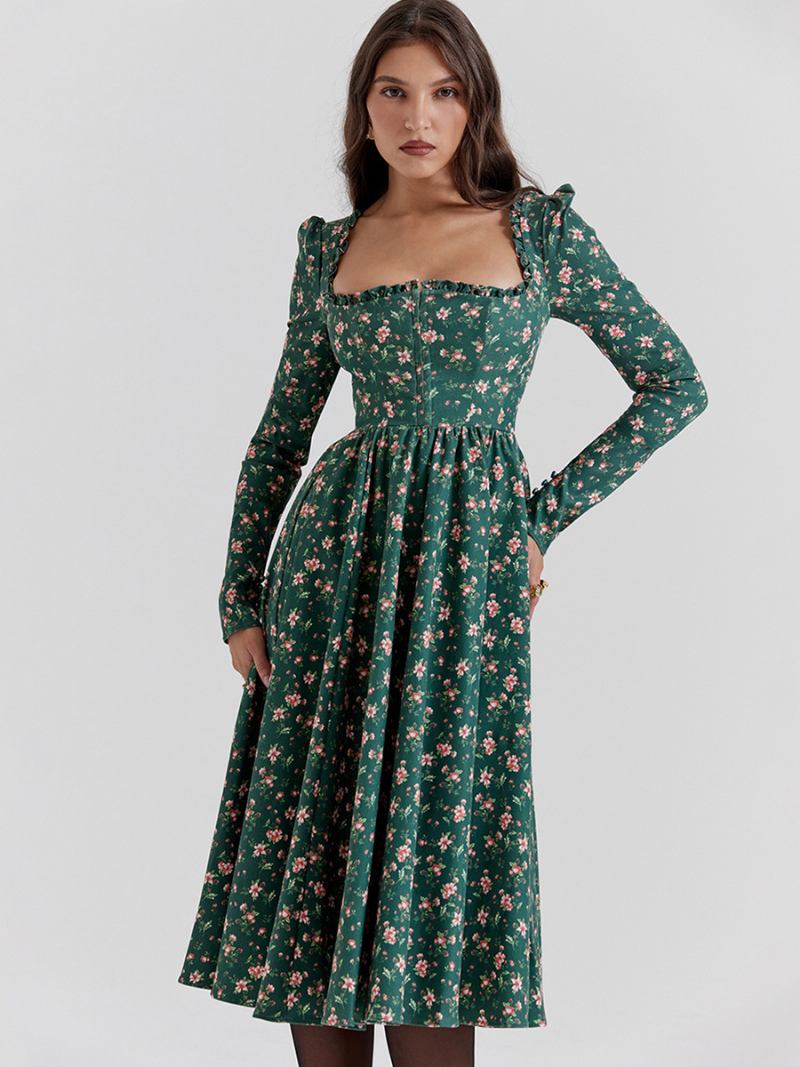 Vestido Feminino Azul Escuro Evasê Decote Quadrado Costas Nuas Mangas Compridas Vestidos Midi Diurnos - Verde
