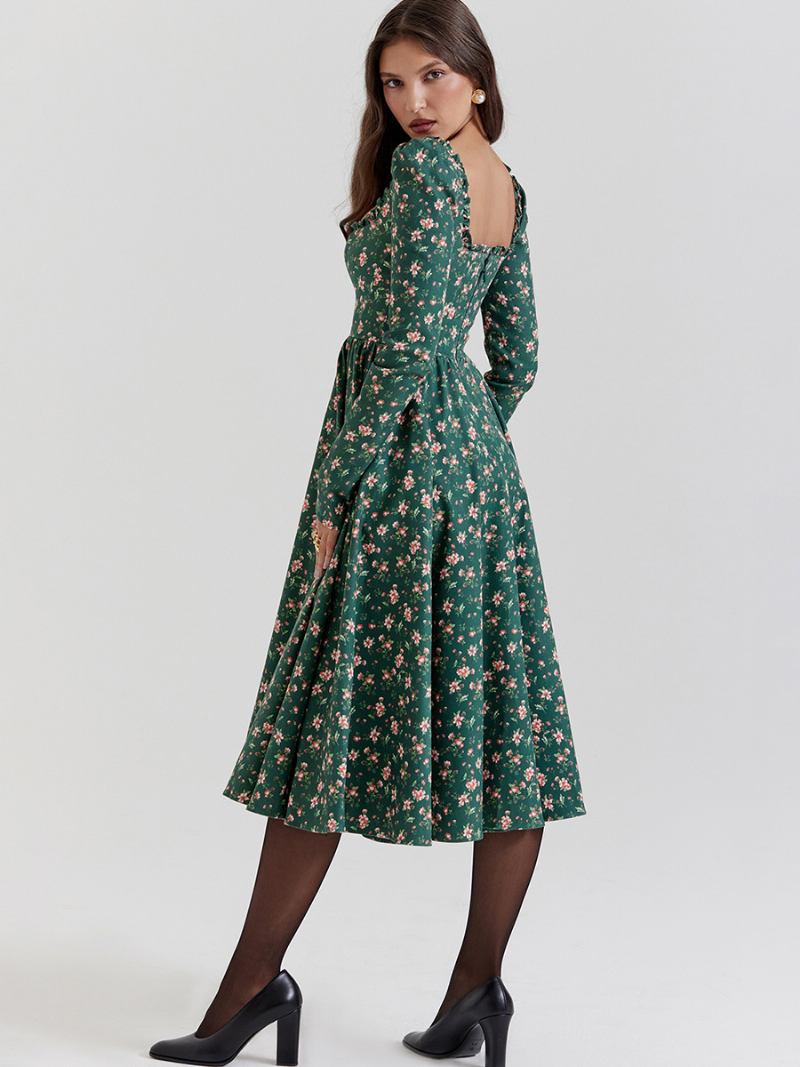 Vestido Feminino Azul Escuro Evasê Decote Quadrado Costas Nuas Mangas Compridas Vestidos Midi Diurnos - Verde