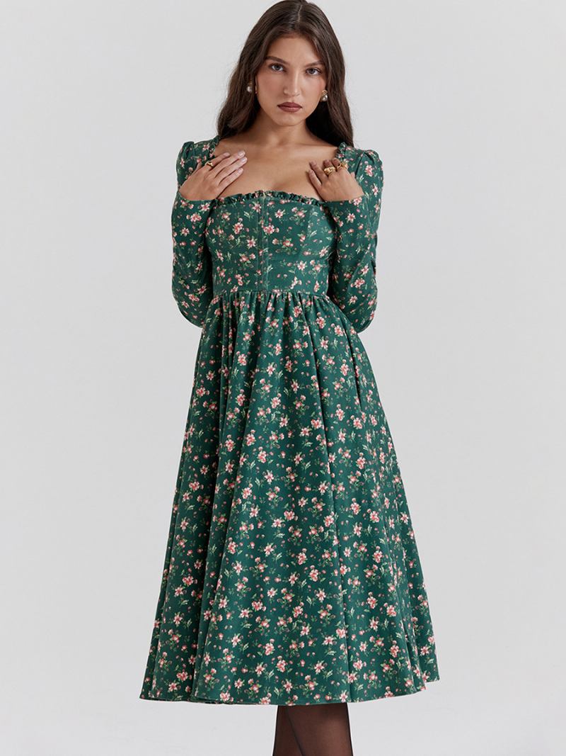 Vestido Feminino Azul Escuro Evasê Decote Quadrado Costas Nuas Mangas Compridas Vestidos Midi Diurnos - Verde