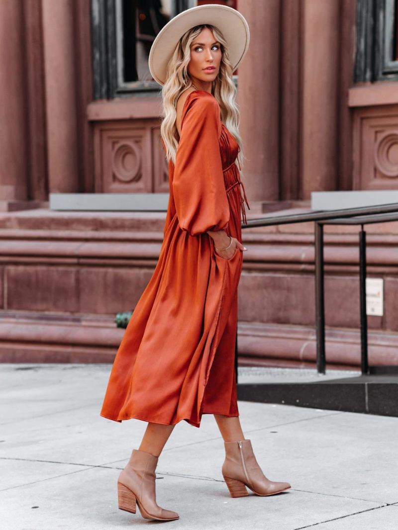Vestido Maxi Feminino Com Gola Quadrada E Mangas Compridas Laranja Vermelho Até O Chão - Laranja Vermelho