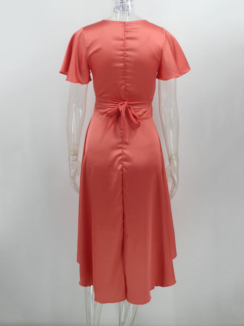 Vestidos Maxi Femininos Mangas Curtas Cinza Claro Com Decote Em V Nó Alto Design Baixo Vestido Até O Chão -  Vermelho Melancia