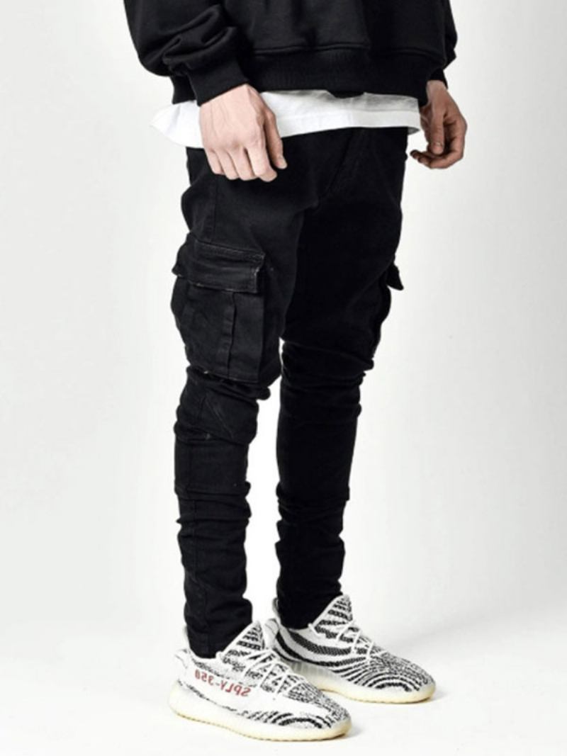 Calça Jeans Masculina Casual Desgastada Com Design Antigo Azul Céu Claro - Preto