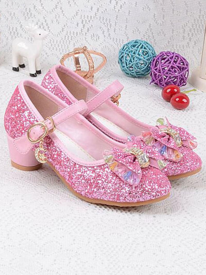 Sapatos Floristas Com Laço Brilhante Mary Jane Bombas Salto Grosso - Rosa