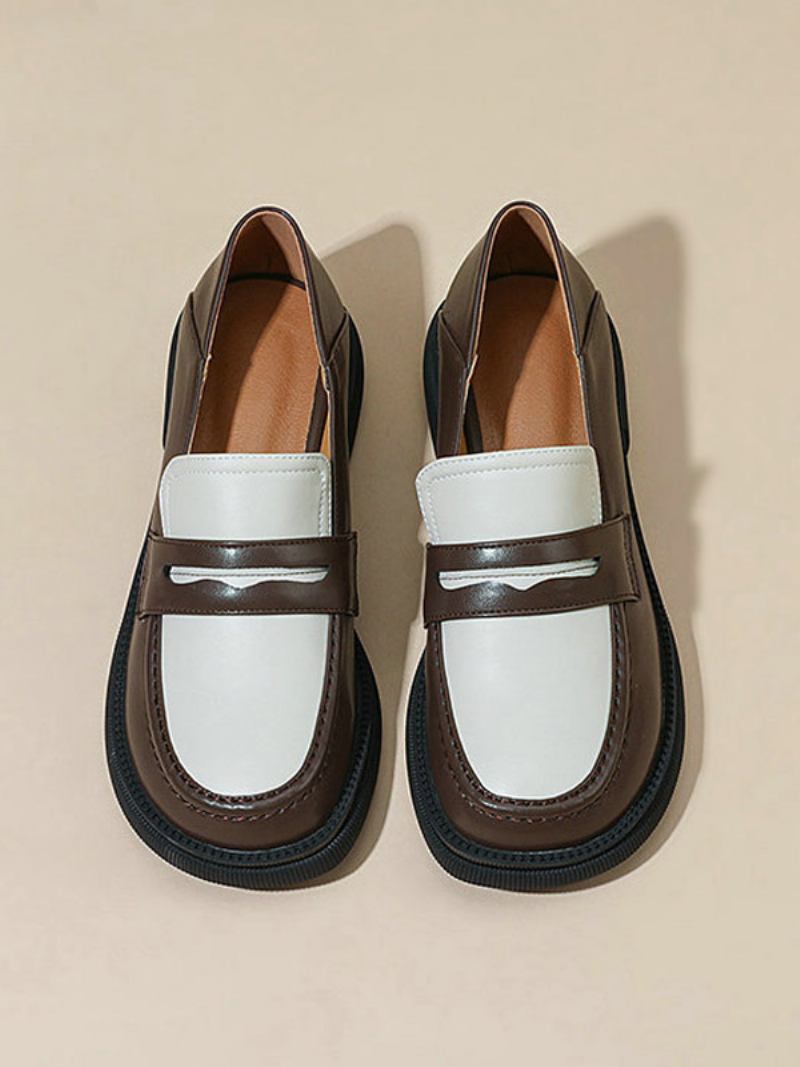 Penny Loafers Femininos Com Bico Redondo E Sapatos Baixos - Castanho Profundo
