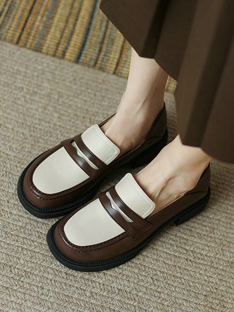 Penny Loafers Femininos Com Bico Redondo E Sapatos Baixos - Castanho Profundo