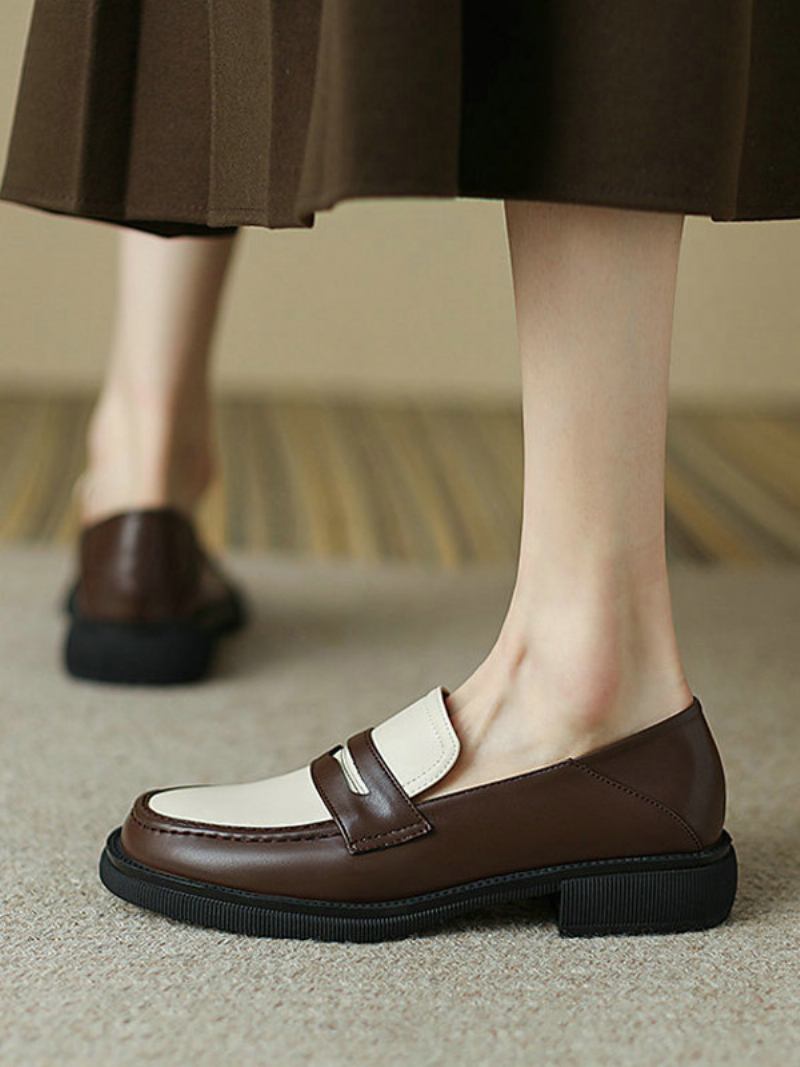 Penny Loafers Femininos Com Bico Redondo E Sapatos Baixos - Castanho Profundo