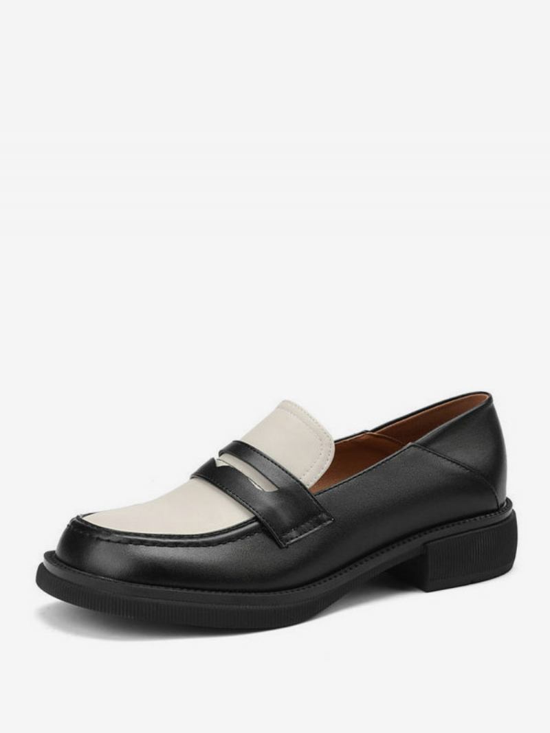 Penny Loafers Femininos Com Bico Redondo E Sapatos Baixos - Preto