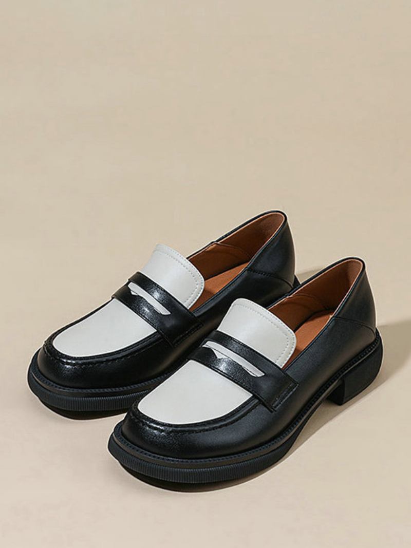 Penny Loafers Femininos Com Bico Redondo E Sapatos Baixos - Preto