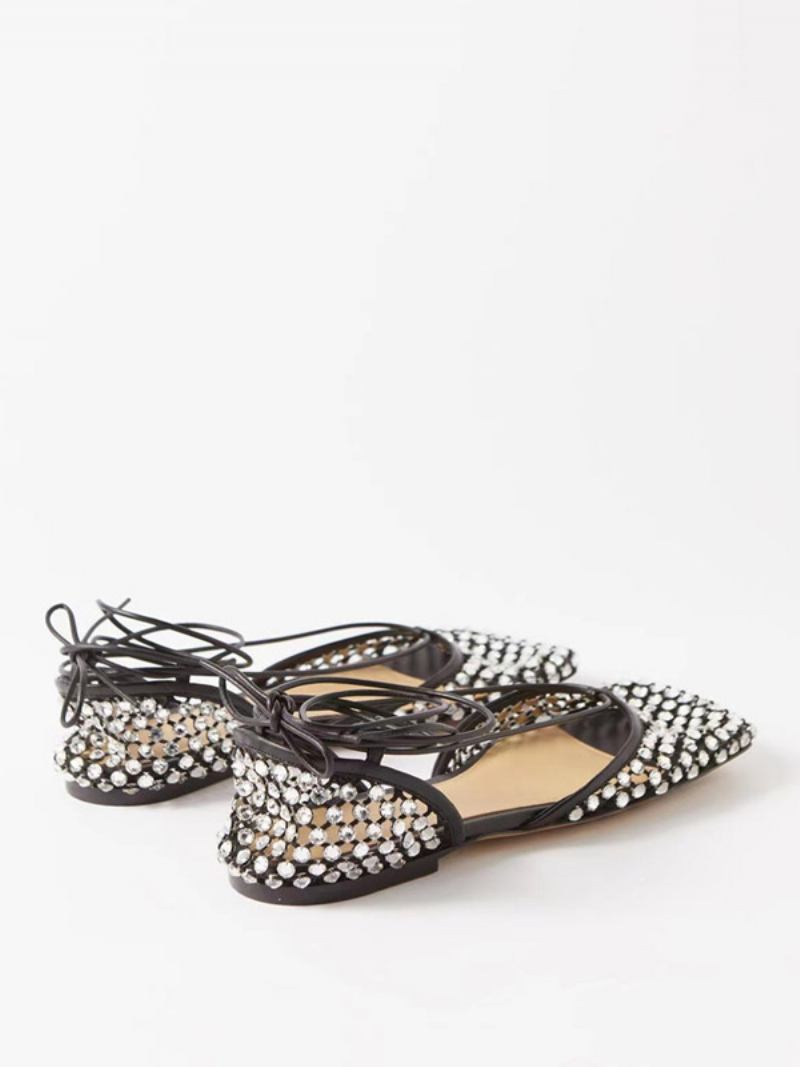 Sandálias Planas Femininas Com Strass E Sapatos Baile Para Festa - Preto