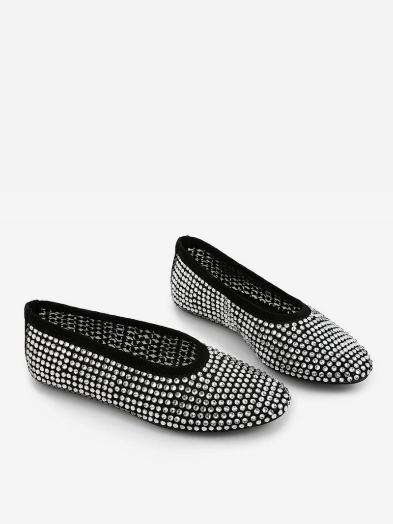 Sapatilhas Femininas Bico Fino Com Strass Deslizam Em Bombas Planas - Preto