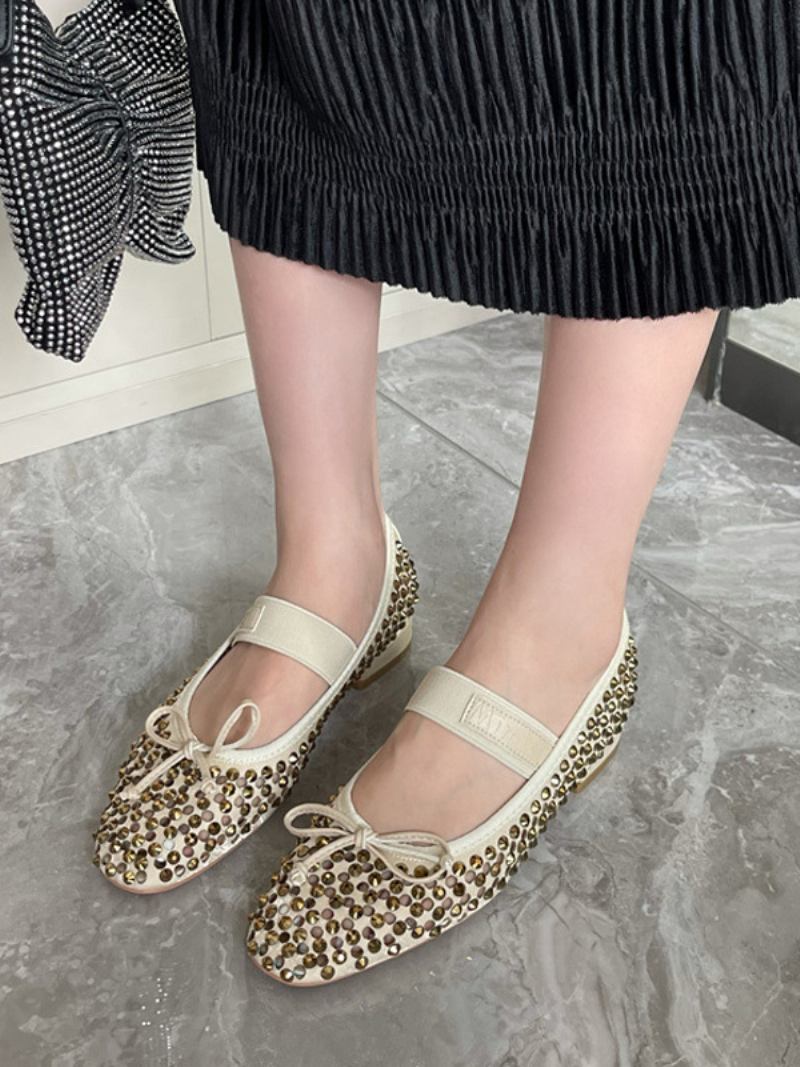 Sapatilhas Femininas Com Strass E Bico Redondo Laço Mary Jane