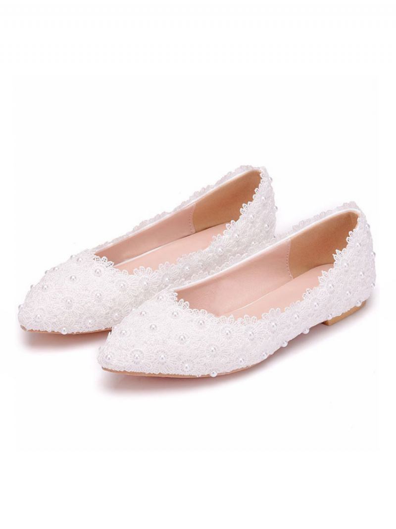 Sapatilhas Femininas Couro Sintético Branco Com Bico Fino Flores Plus Size Bailarina - Branco