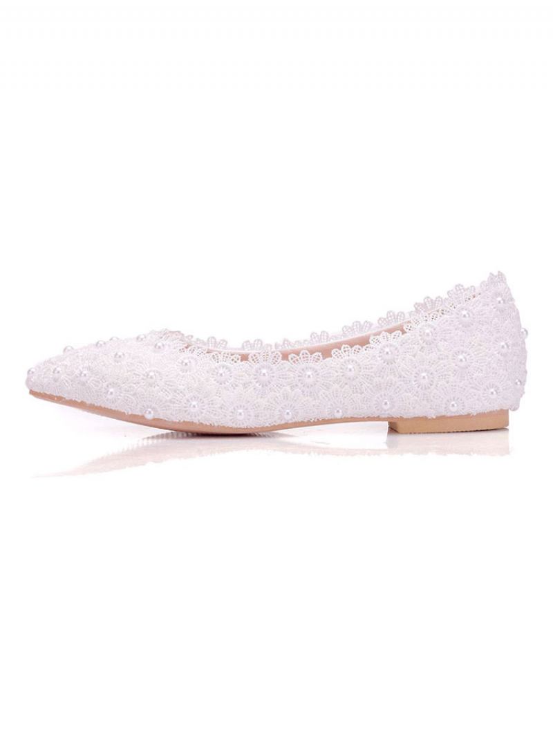Sapatilhas Femininas Couro Sintético Branco Com Bico Fino Flores Plus Size Bailarina - Branco