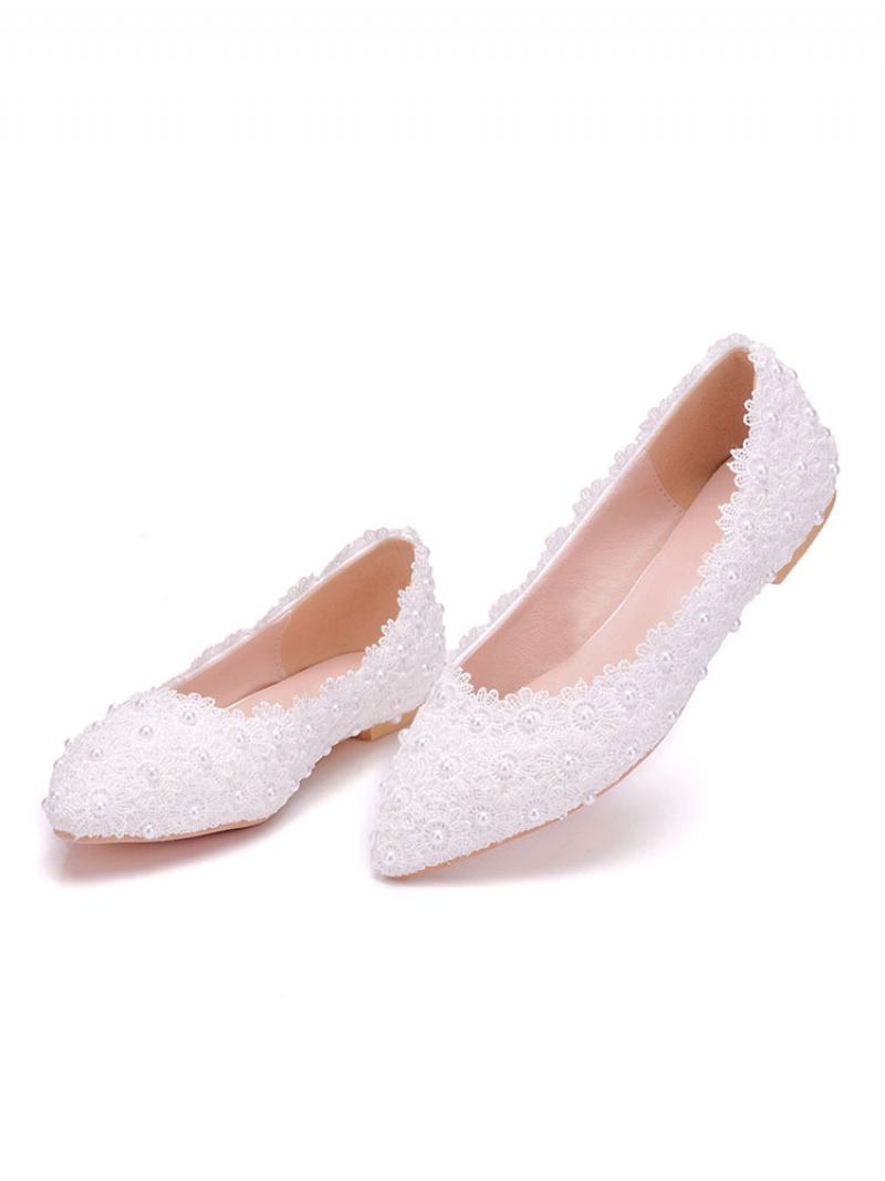 Sapatilhas Femininas Couro Sintético Branco Com Bico Fino Flores Plus Size Bailarina - Branco