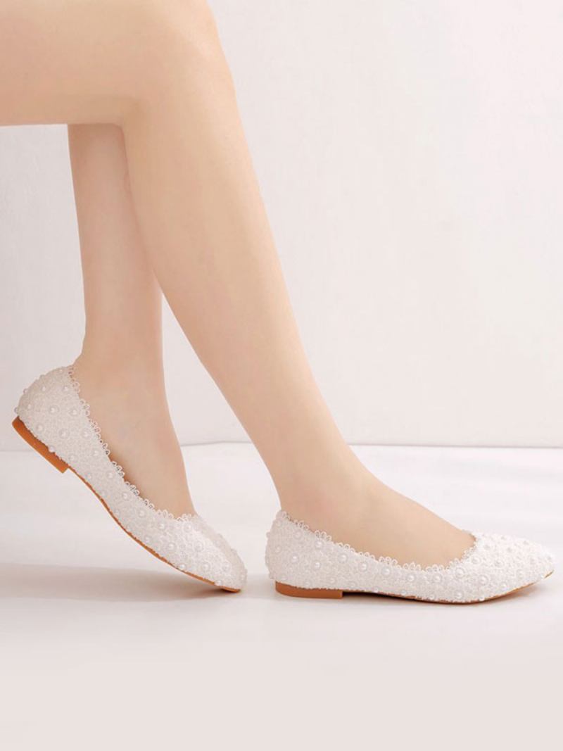 Sapatilhas Femininas Couro Sintético Branco Com Bico Fino Flores Plus Size Bailarina - Branco