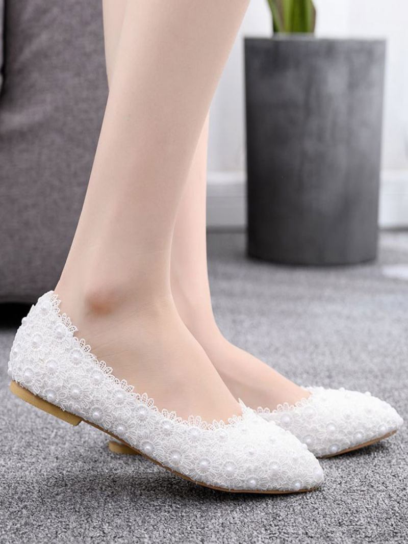 Sapatilhas Femininas Couro Sintético Branco Com Bico Fino Flores Plus Size Bailarina - Branco