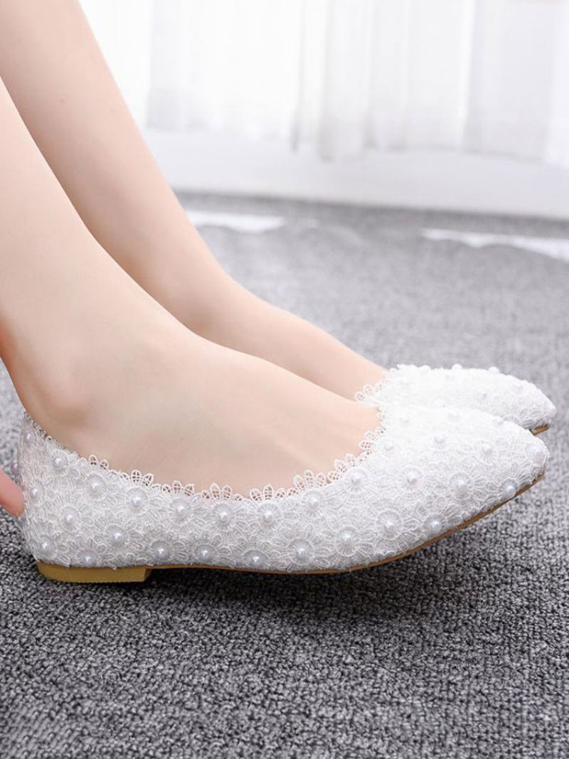 Sapatilhas Femininas Couro Sintético Branco Com Bico Fino Flores Plus Size Bailarina - Branco
