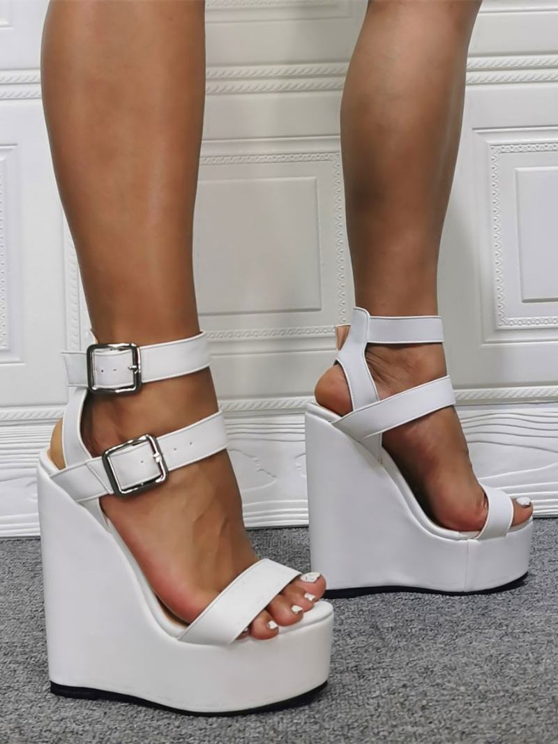 Sandálias Femininas Salto Sexy Branco Couro Pu Cunha Sapatos Plus Size - Branco