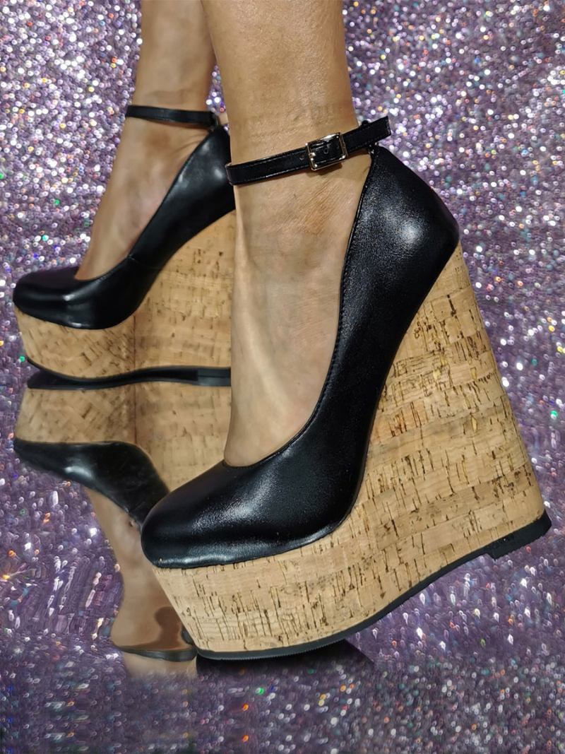Sapatos Femininos Salto Cunha Sexy Com Bico Redondo E Cunhas Couro Pu