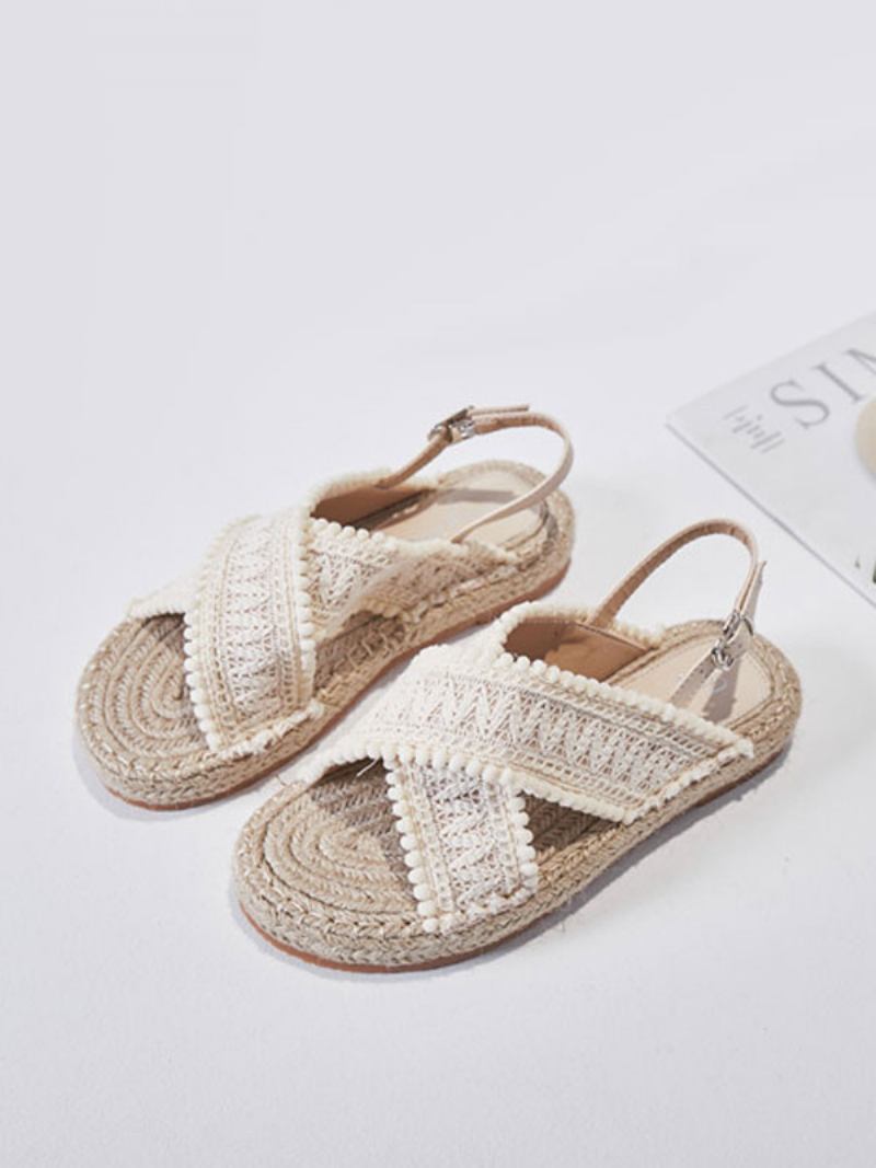Sandálias Planas Femininas Praia Dedo Do Pé Redondo Com Cordões Sapatos Casamento Boho - Amarelo Claro