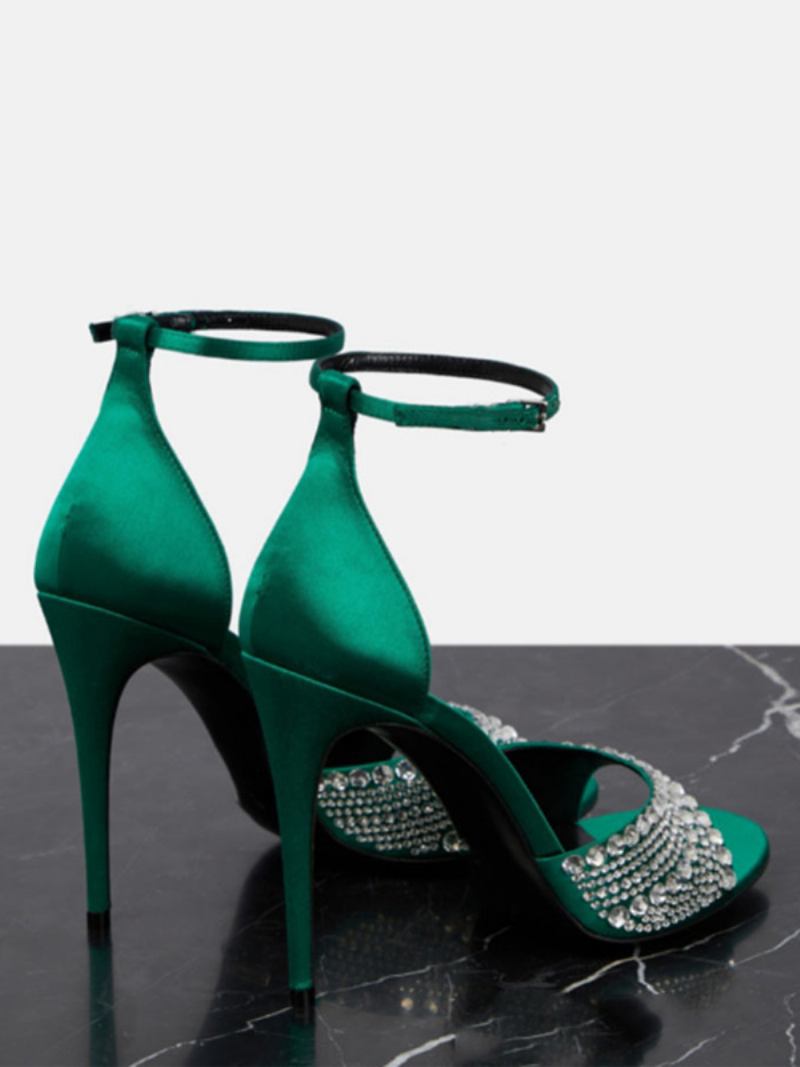 Sandálias Salto Feminino Peep Toe Strass Agulha Sapatos Baile Com Tira No Tornozelo - Verde