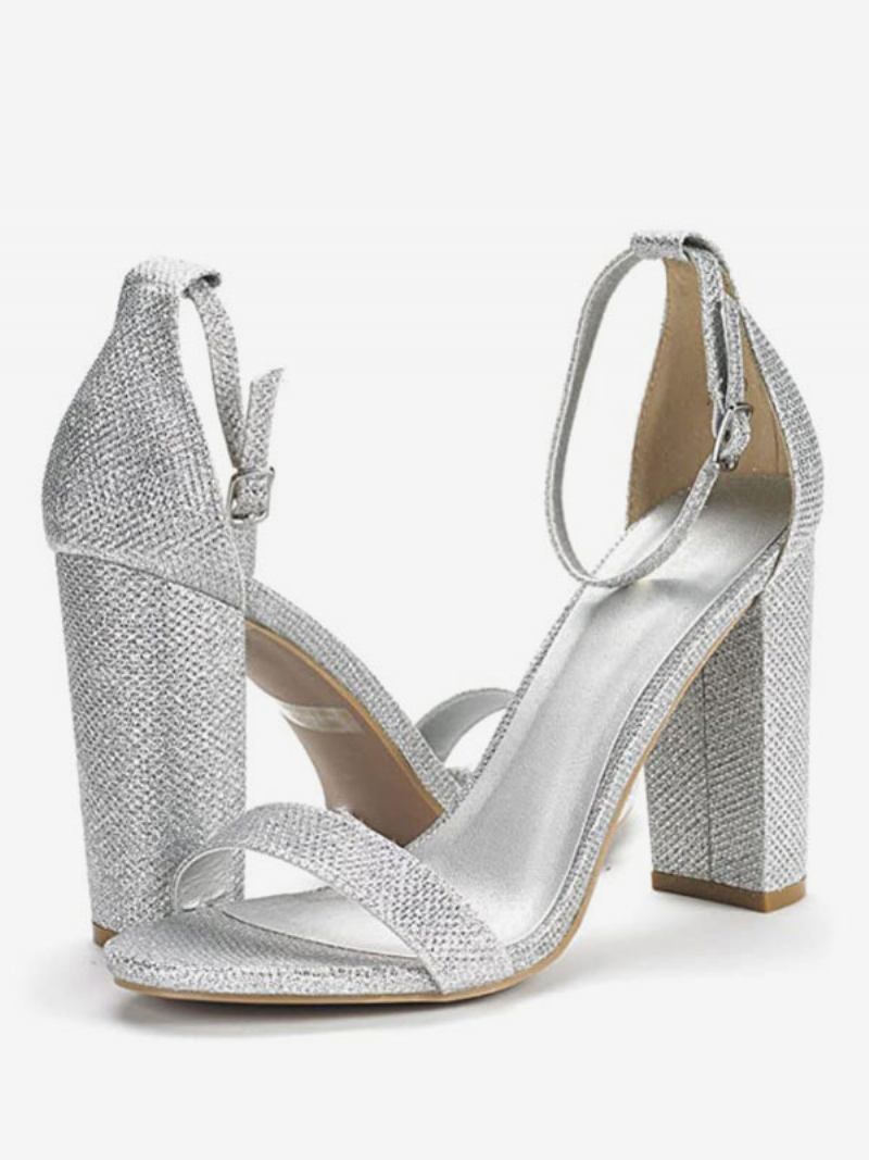 Sapatos Femininos Baile Com Tira No Tornozelo E Salto Grosso Sandálias Boas-vindas - Prata