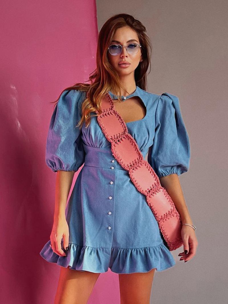 Vestido Jeans Feminino Com Gola E Babados Vestidos Casuais Curtos Azuis Irregulares - Azul
