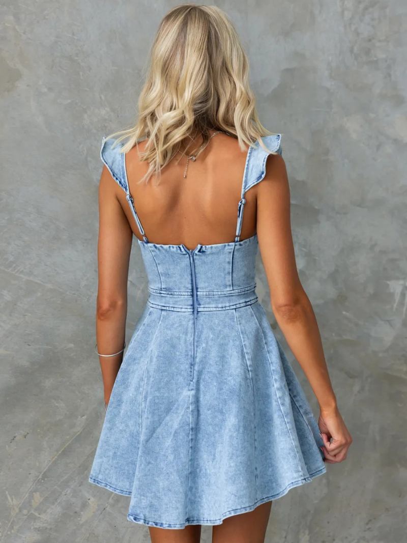 Vestido Verão Feminino Com Alças No Pescoço Babados Praia Curto Azul -  Azul Céu Claro
