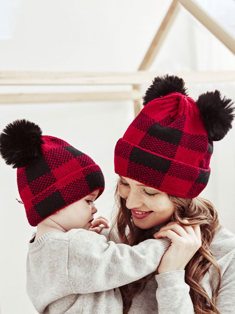Bonés Para Mulheres Modernas Pom Poms Xadrez Acrílico Inverno Quente Acc - Vermelho