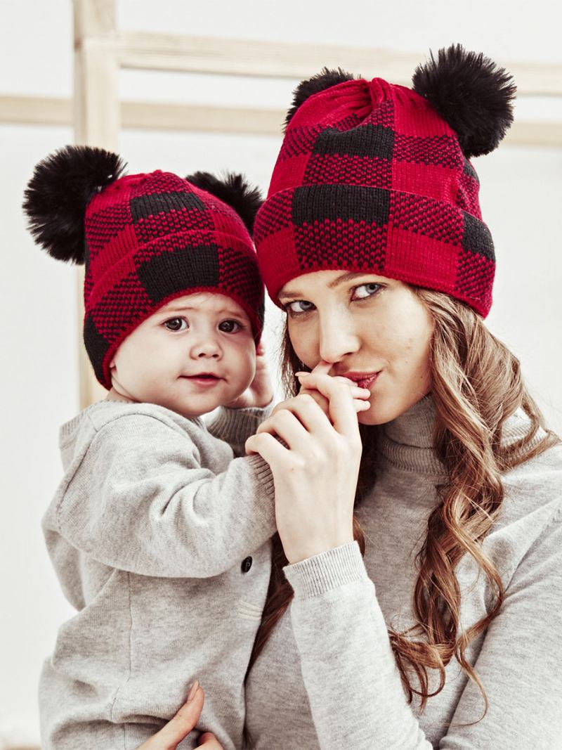 Bonés Para Mulheres Modernas Pom Poms Xadrez Acrílico Inverno Quente Acc - Vermelho