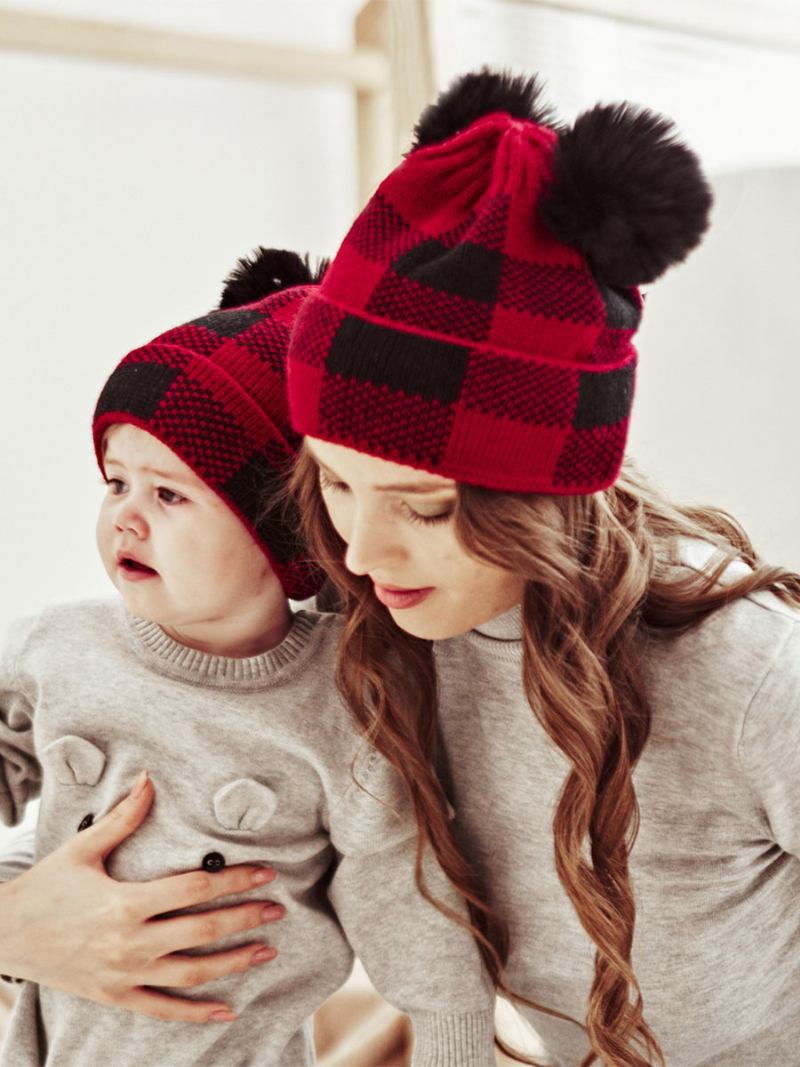 Bonés Para Mulheres Modernas Pom Poms Xadrez Acrílico Inverno Quente Acc - Vermelho