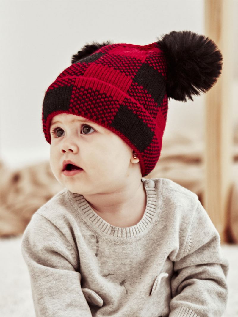 Bonés Para Mulheres Modernas Pom Poms Xadrez Acrílico Inverno Quente Acc - Vermelho