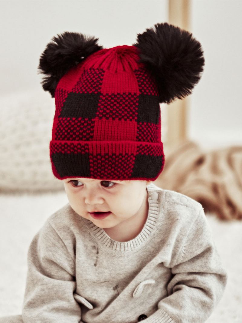 Bonés Para Mulheres Modernas Pom Poms Xadrez Acrílico Inverno Quente Acc - Vermelho