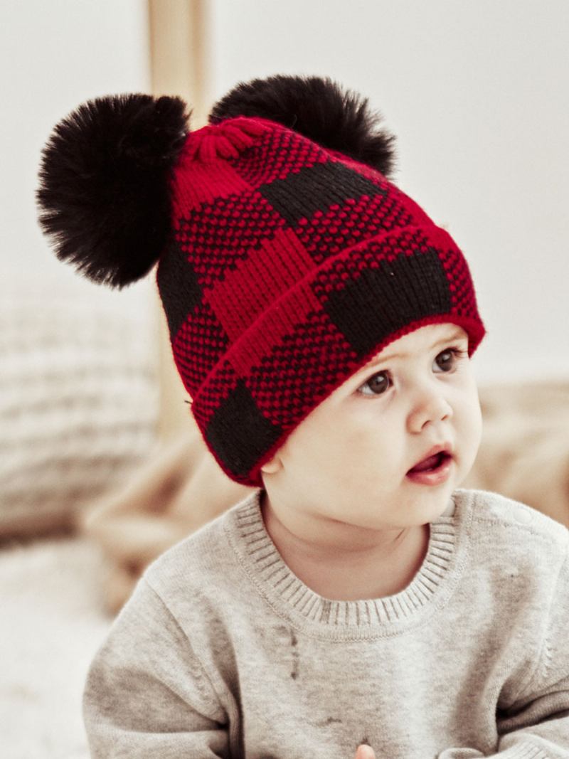 Bonés Para Mulheres Modernas Pom Poms Xadrez Acrílico Inverno Quente Acc - Vermelho